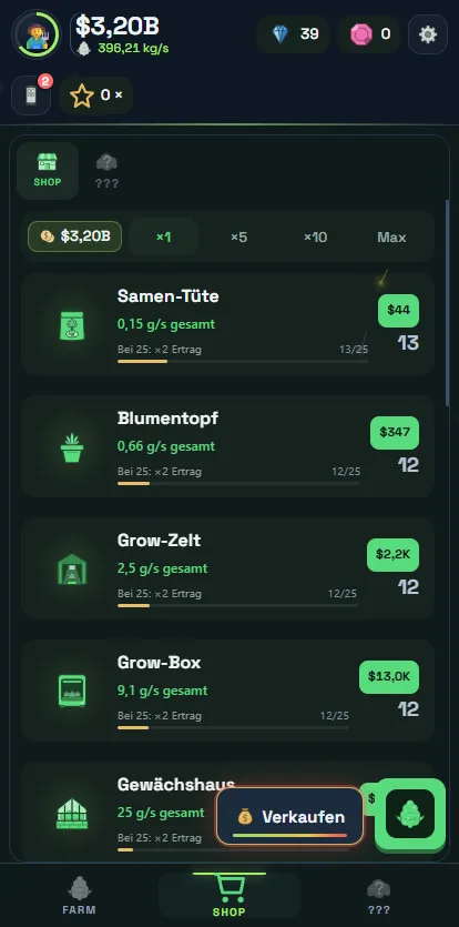 Weed Empire Shop mit Samen-Tüte, Blumentopf, Grow-Zelt und Gewächshaus